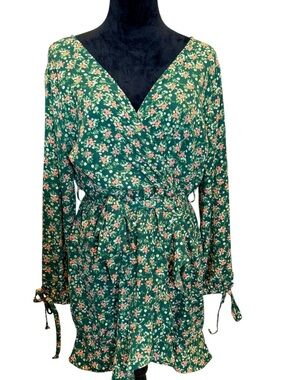 Green Floral Print Purple Snow Surplice Long Sleeve Mini Dress Ruffle Medium
